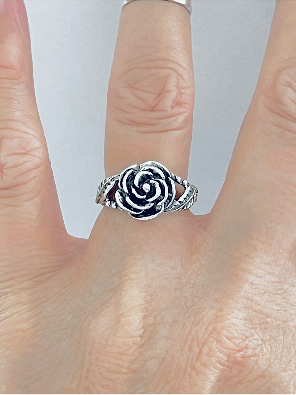 Sterling Silver Rose Ring with Leaves, Flower Leaf Silver Rings, Floral Jewelry